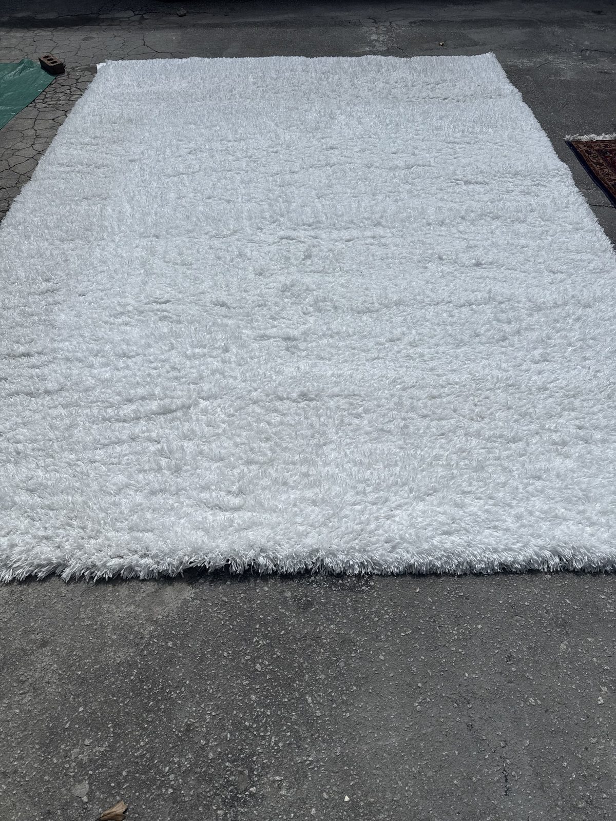 White shag rug after professional cleaning, even bright white pile edge to edge