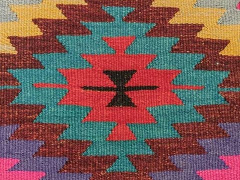 Flatweave kilim detail showing interlocking slit-woven geometric bands